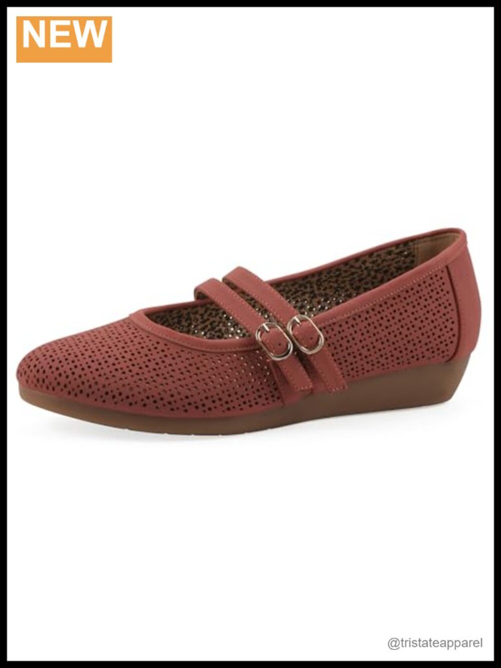 Mary Jane Wedge Flats Perforated Buckle Straps Comfort Shoe